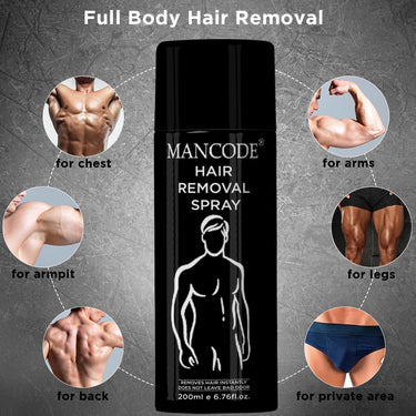 Mancode Hair Removal Cream Spray for Men, Hair removal spray for men, Painless Body Hair Removal for Back, Chest, Legs, Arms, Underarms & Intimate Areas, Fast Acting in 3-6 Minutes (200 ml)